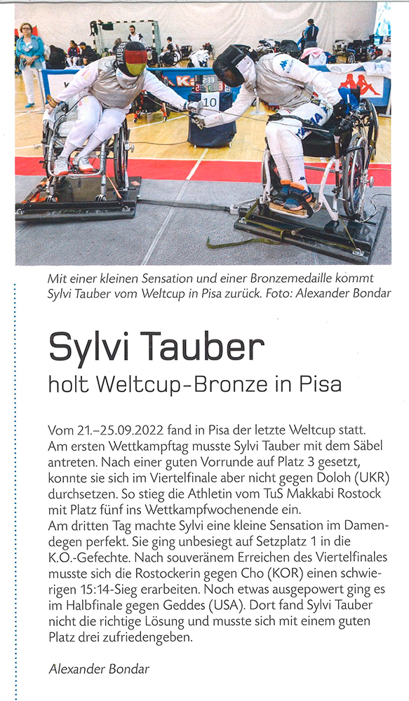 Sport in Mecklenburg-Vorpommern, Ausgabe 11-2022, Titelseite und Seite 20, Sylvi Tauber holt Weltcup Bronze, Autor: Alexander Bondar