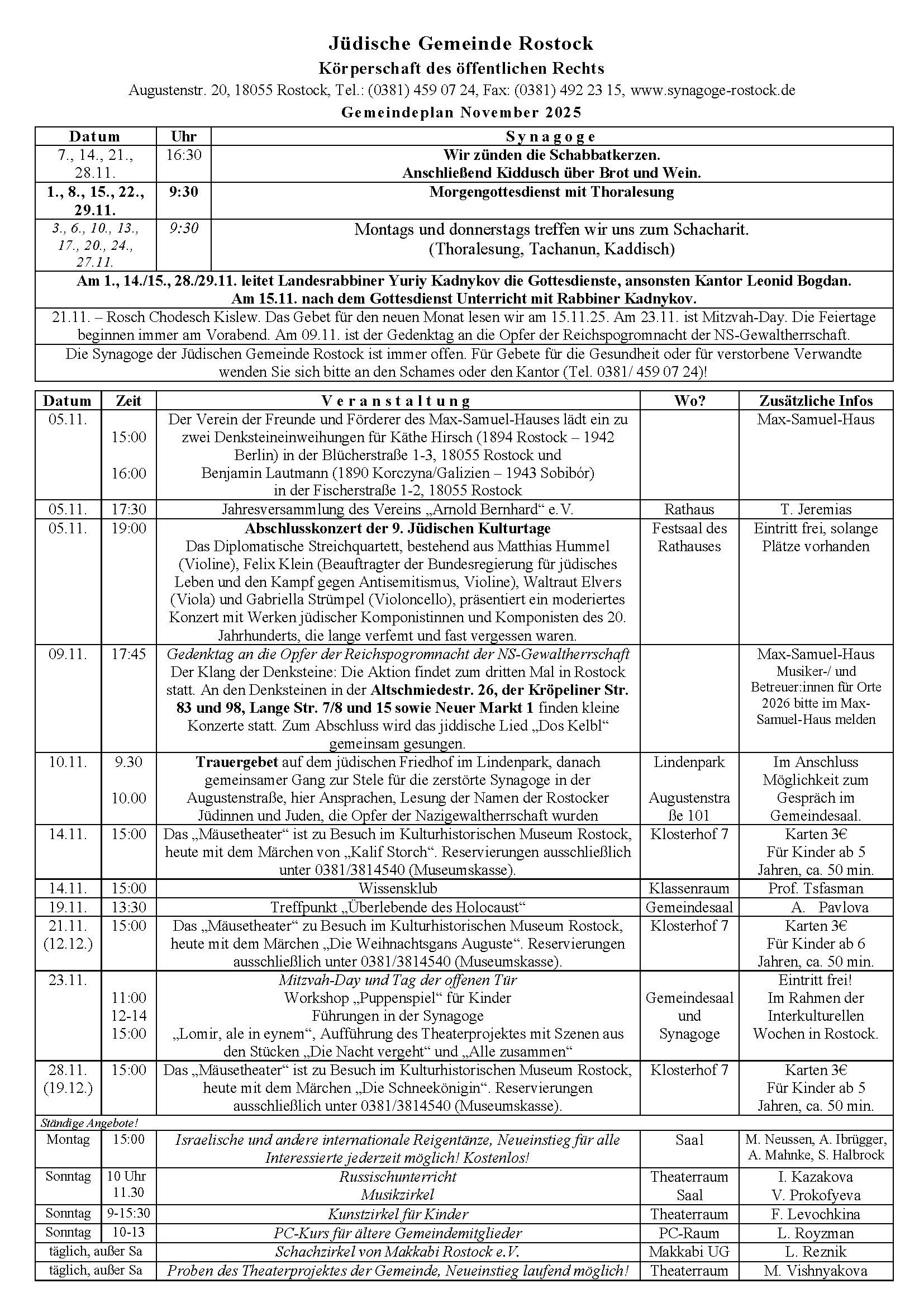 Veranstaltungsplan für November 2025