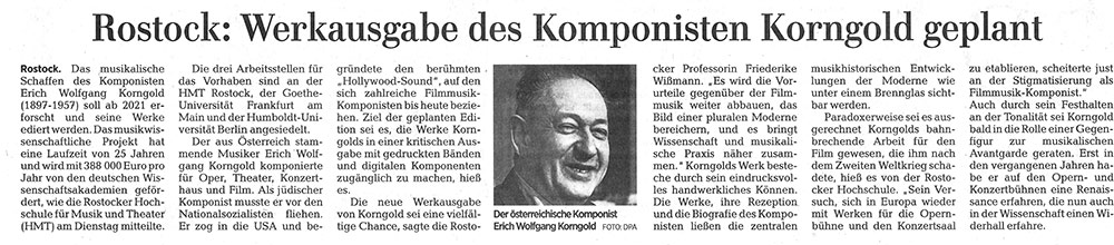 OZ, 09.12.2020, S. II Magazin; Rostock: Werkausgabe des Komponisten Korngold geplant