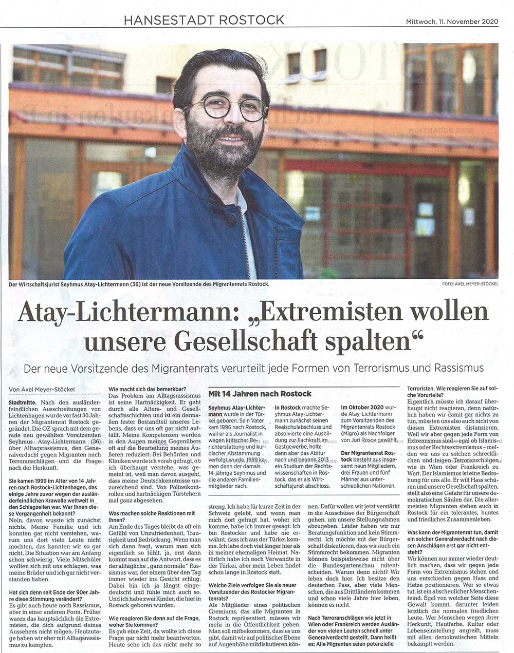 OZ, 11.11.2020, S.10, Atay-Lichtermann: 'Extremisten wollen unsere Gesellschaft spalten', Axel Meyer-Stöckel