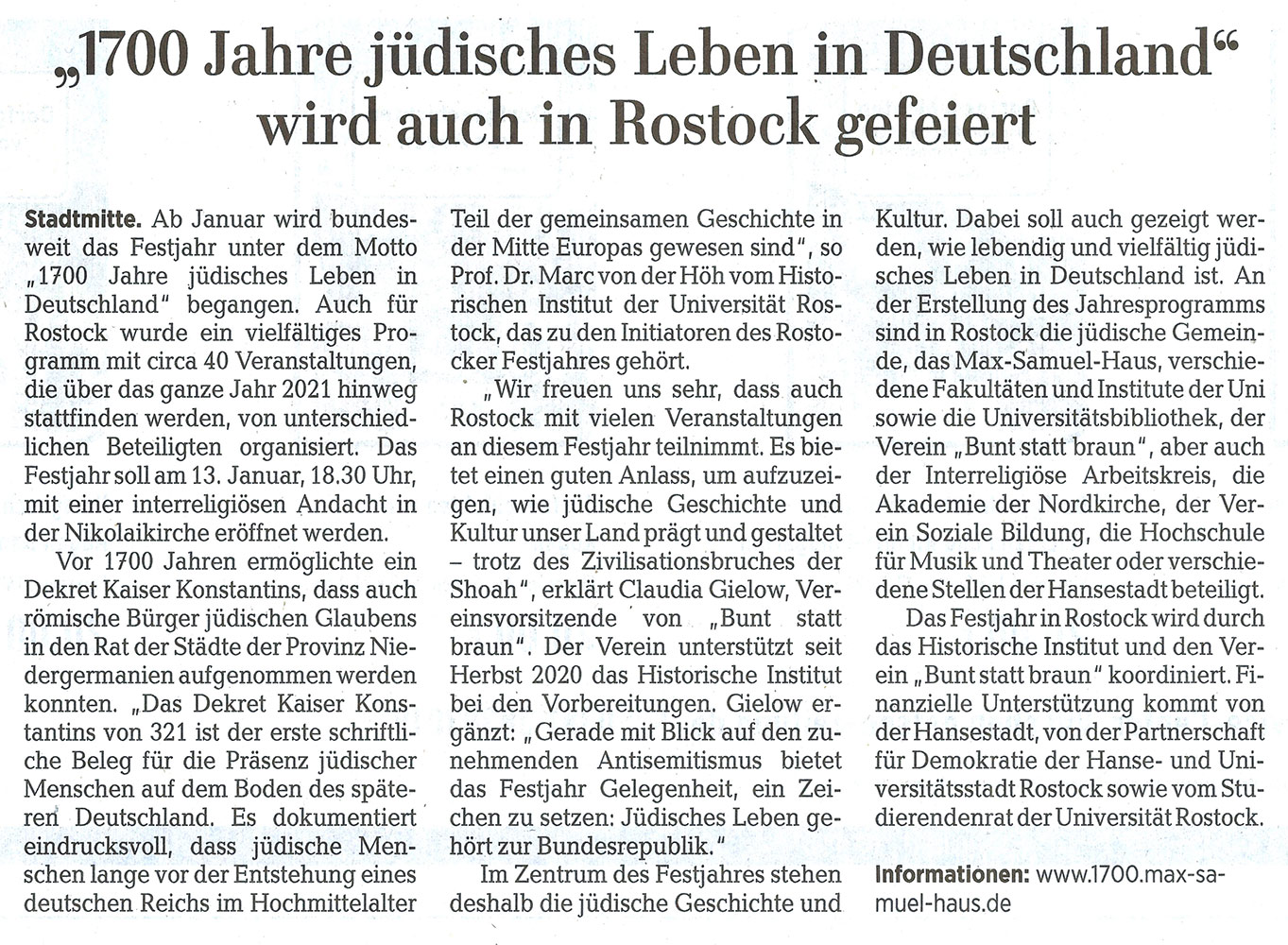 OZ, 16.12.2020,S.15, '1700 jüdisches Leben in Deutschland' wird auch in Rostock gefeiert
