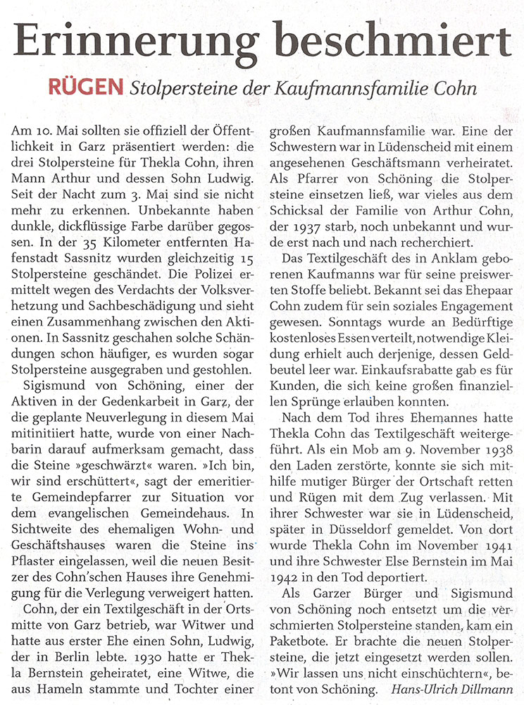 Jüdische Allgemeine Wochenezeitung vom 21.05.2021, S.11, Erinnerung beschmiert, Hans Ulrich Dillmann