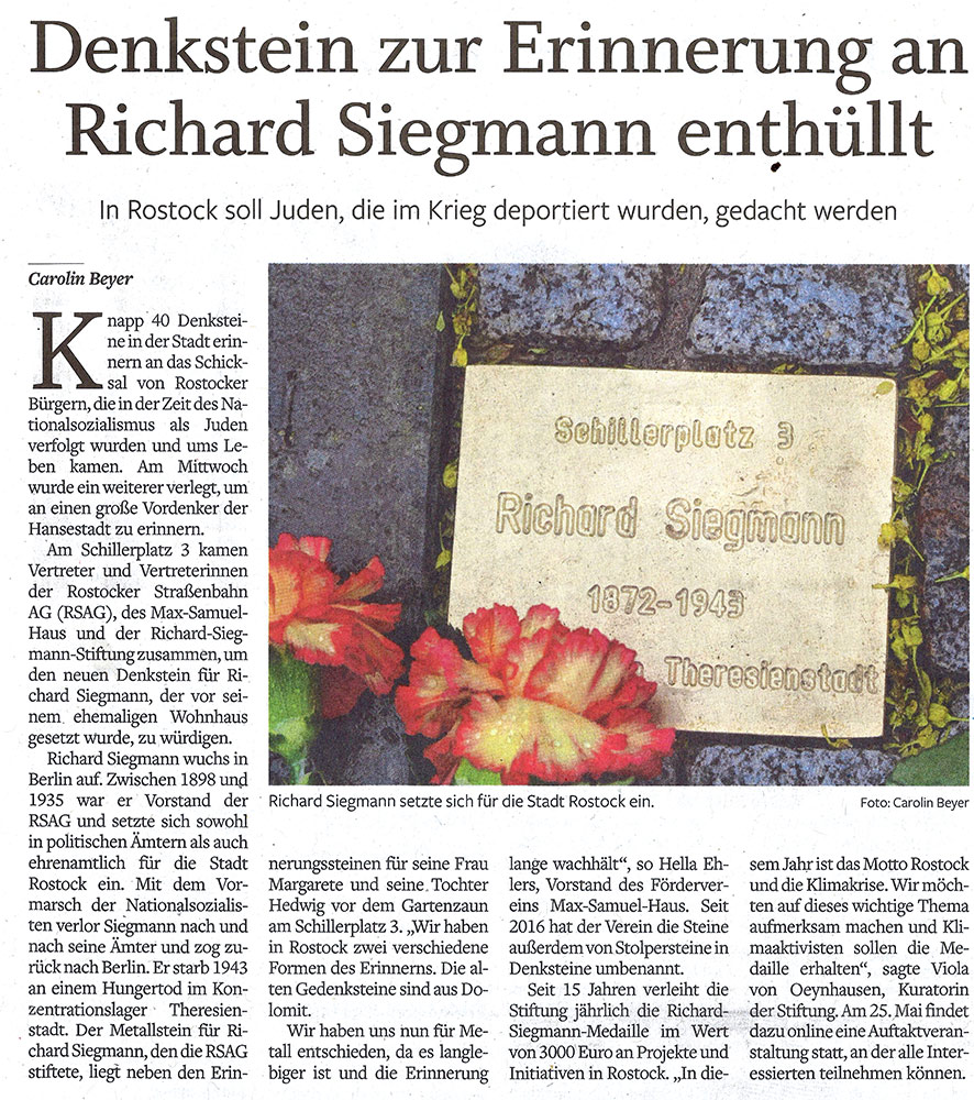 NNN, 06.05.2021,S.9, Denkstein zur Erinnerung an Richard Siegmann enthuellt, Carolin Beyer