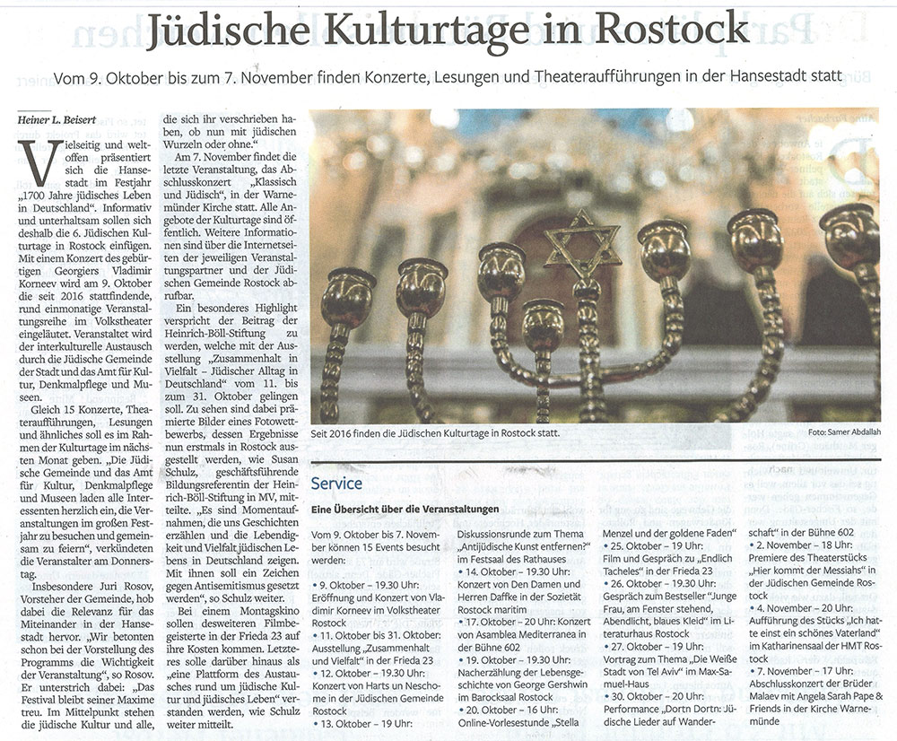 NNN, 01.10.21, S.10, Heiner L. Beisert Titel Jüdische Kulturtage in Rostock