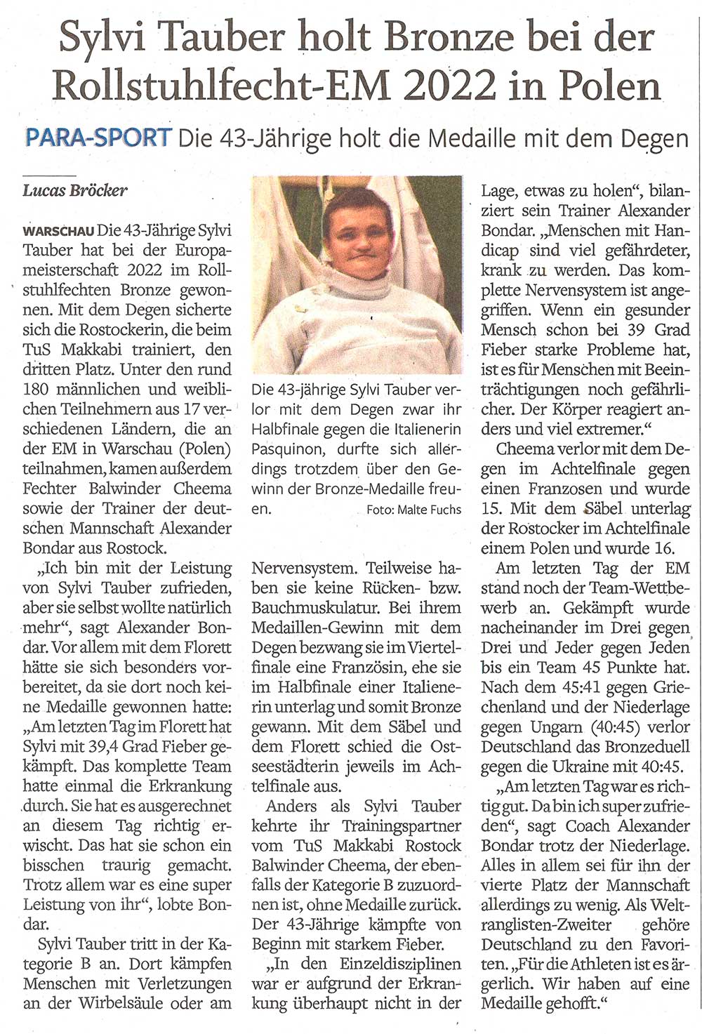 NNN, 08.12.22, S.12, Sylvi Tauber holt Bronze bei der Rollstuhlfecht EM 2022 in Polen, Lucas Bröcker