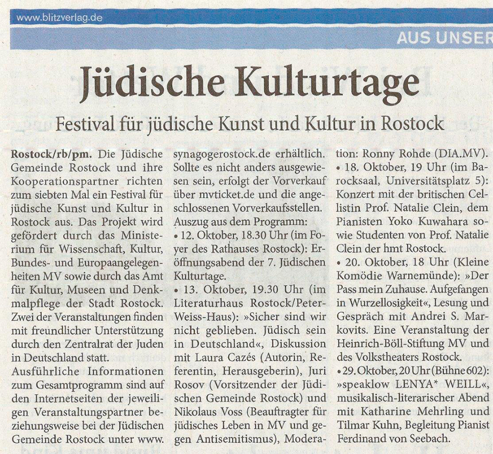 Rostocker Blitz, 09.10.22, S.3  Jüdische Kulturtage 