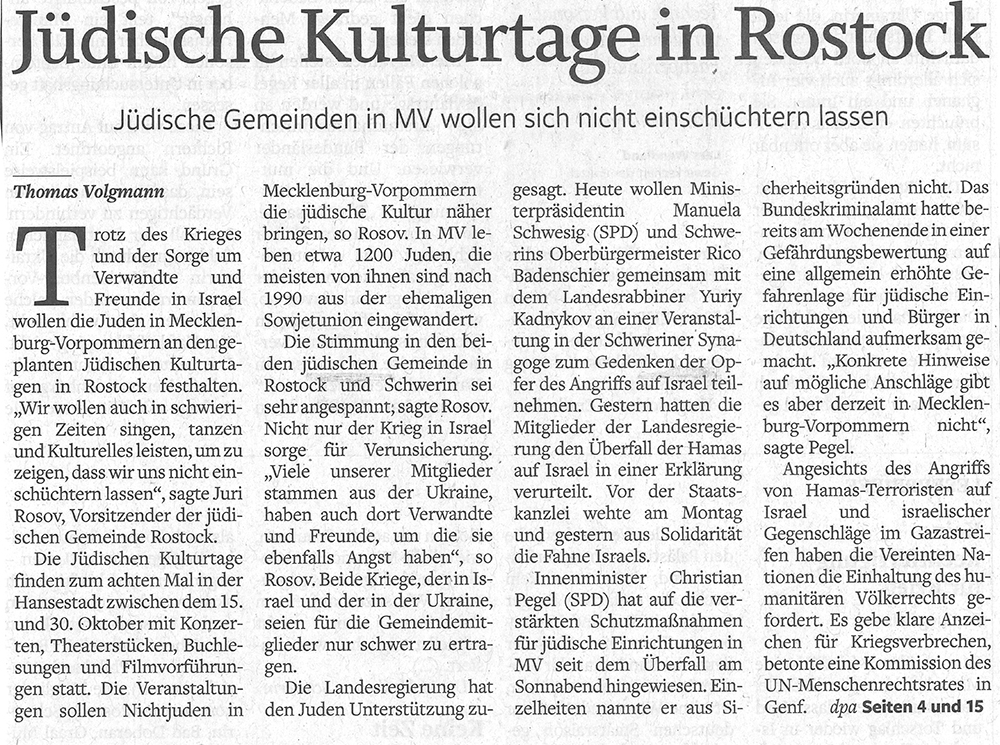 NNN, 11.10.23, S. 1, Thomas Volgmann, Jüdische Kulturtage in Rostock