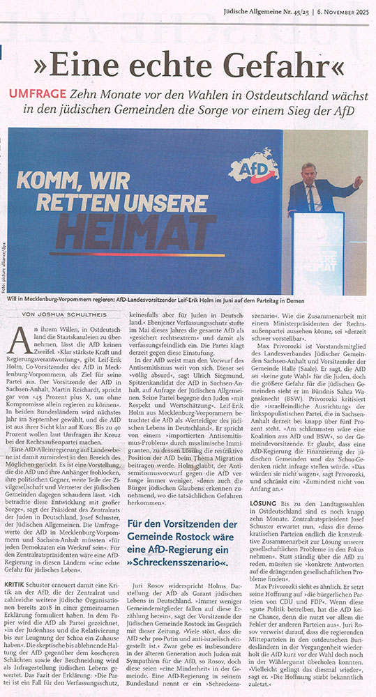 Jüdische Allgemeine, 06.11.25, S.2, Eine echte Gefahr, Joshua Schultheis